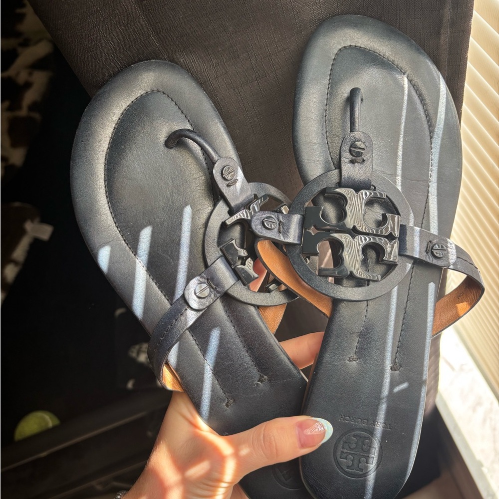 Tory Burch navy Miller Logo Leather Sandals